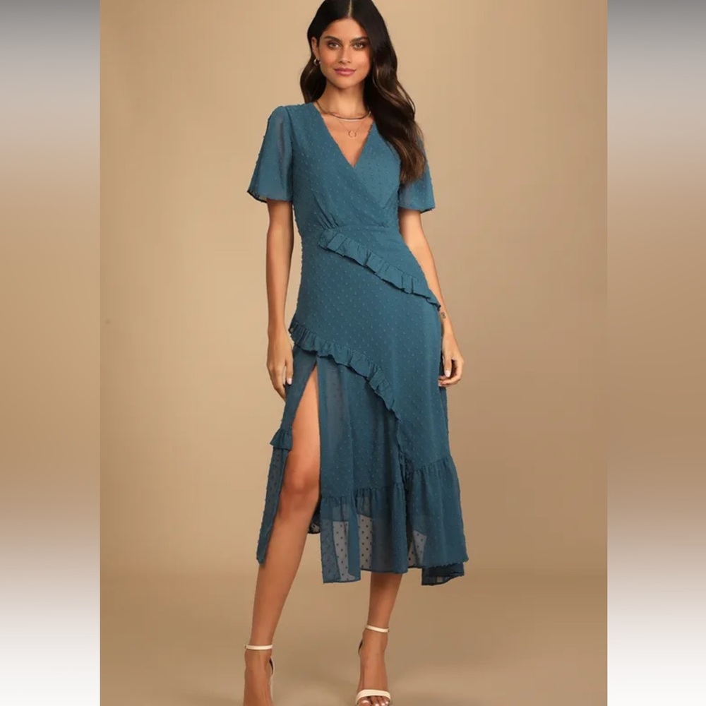 NWT Next to You Slate Blue Swiss Dot Ruffled Midi Dress